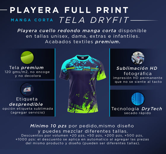 PLAYERA FULL PRINT MANGA CORTA - TELA DRYFIT (Personaliza con tu diseño)