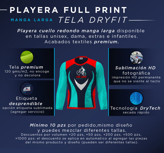 PLAYERA FULL PRINT MANGA LARGA - TELA DRYFIT (Personaliza con tu diseño)