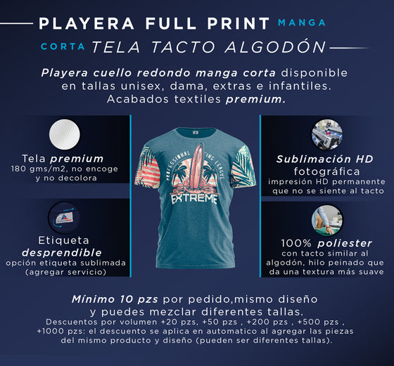 PLAYERA FULL PRINT MANGA CORTA - TELA TACTO ALGODON (Personaliza con tu diseño)