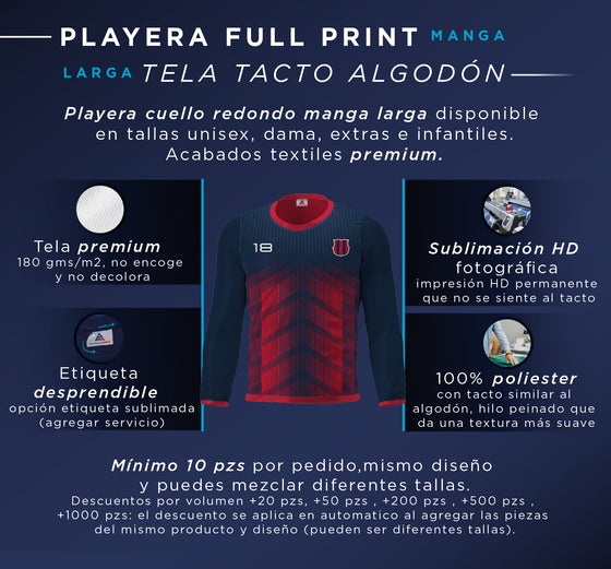 PLAYERA FULL PRINT MANGA LARGA - TELA TACTO ALGODON (Personaliza con tu diseño)